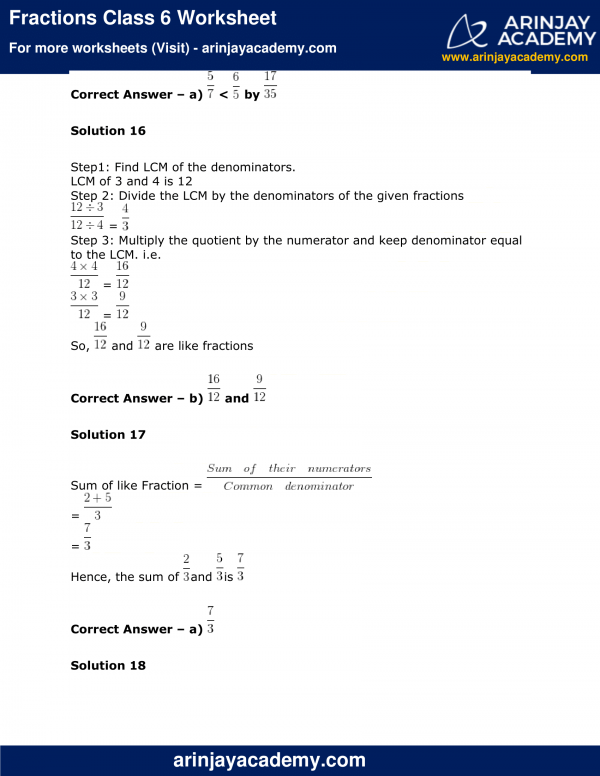 Fractions Class 6 Worksheet Maths Arinjay Academy