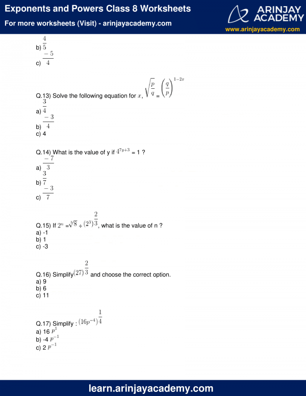 Grade Exponents And Powers Worksheet