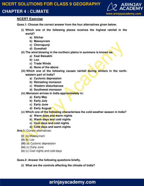 NCERT Solutions For Class 9 Geography Chapter 4 Arinjay Academy