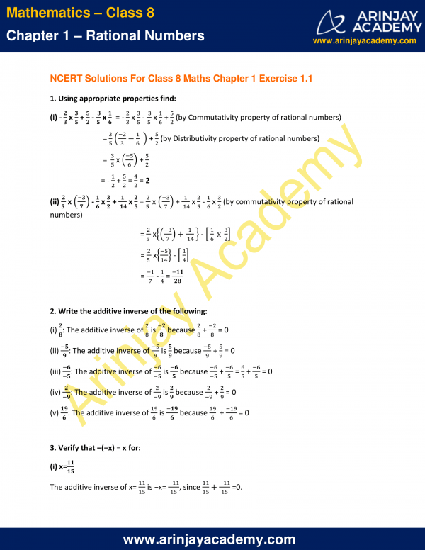 NCERT Solutions for Class 8 Maths Chapter 1 Exercise 1.1 - Rational Numbers