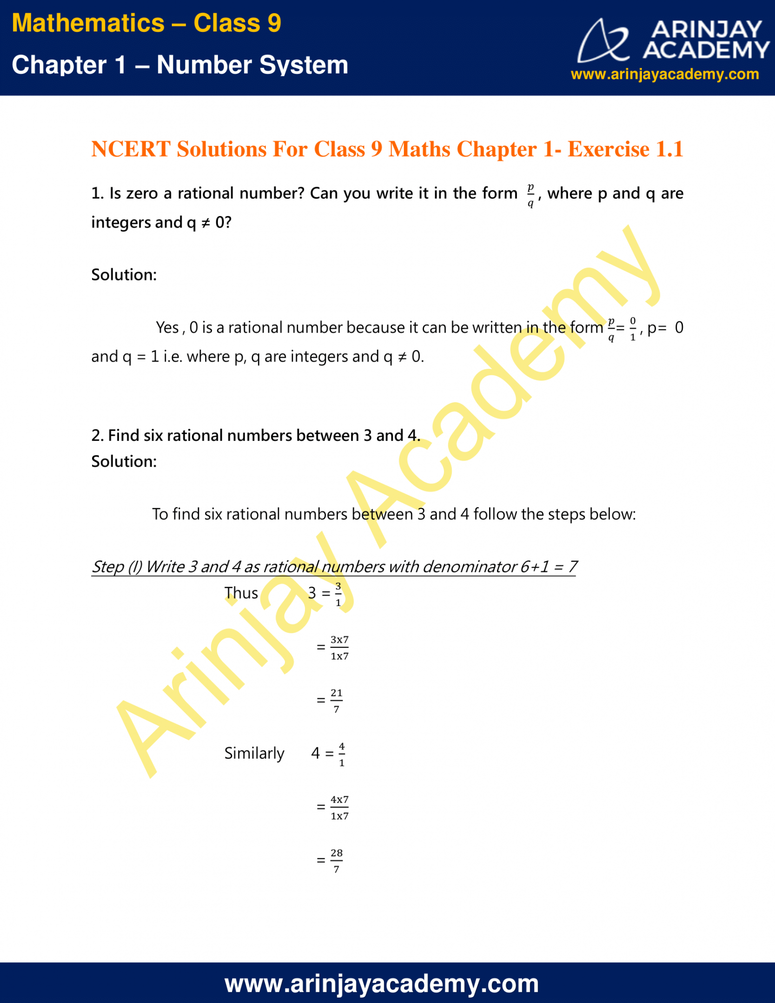 NCERT Solutions For Class 9 Maths Chapter 1 Exercise 1.1 - Number System