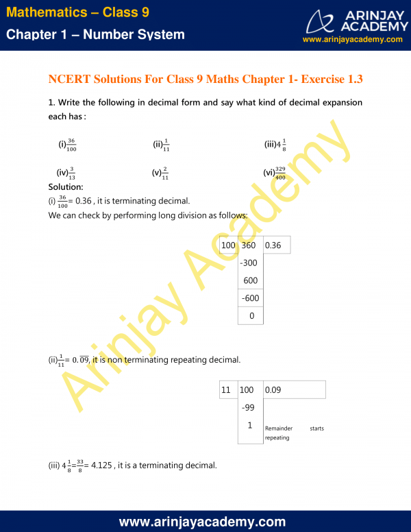 NCERT Solutions For Class 9 Maths Chapter 1 Exercise 1.3 - Number System