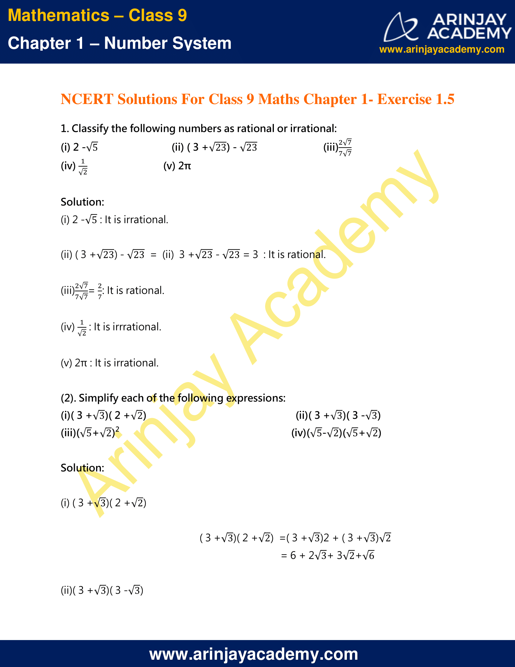 NCERT Solutions For Class 9 Maths Chapter 1 Exercise 1.5 image 1
