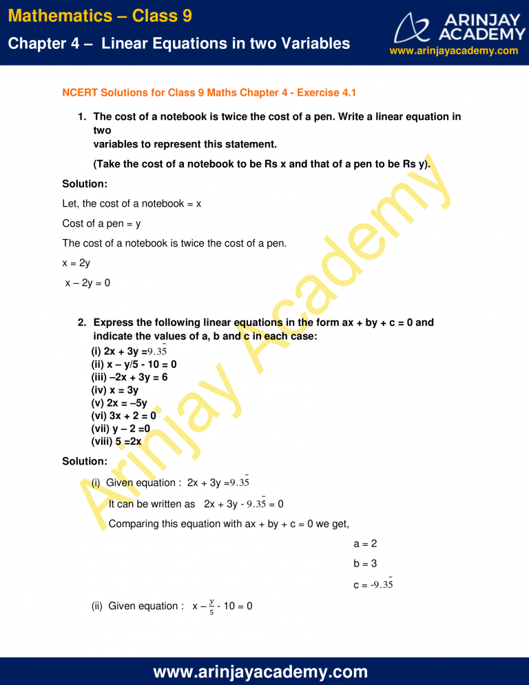 NCERT Solutions for Class 9 Maths Chapter 4 Exercise 4.1 - Linear ...