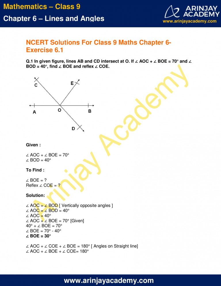 NCERT Solutions For Class 9 Maths Chapter 6 Exercise 6.1 Lines And Angles