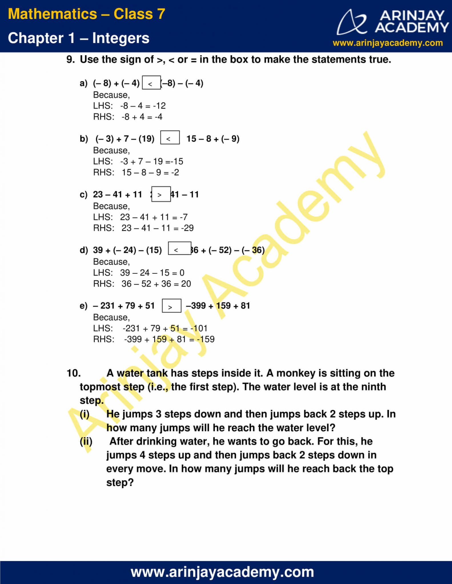 NCERT Solutions For Class 7 Maths Chapter 1 Integers - Arinjay Academy