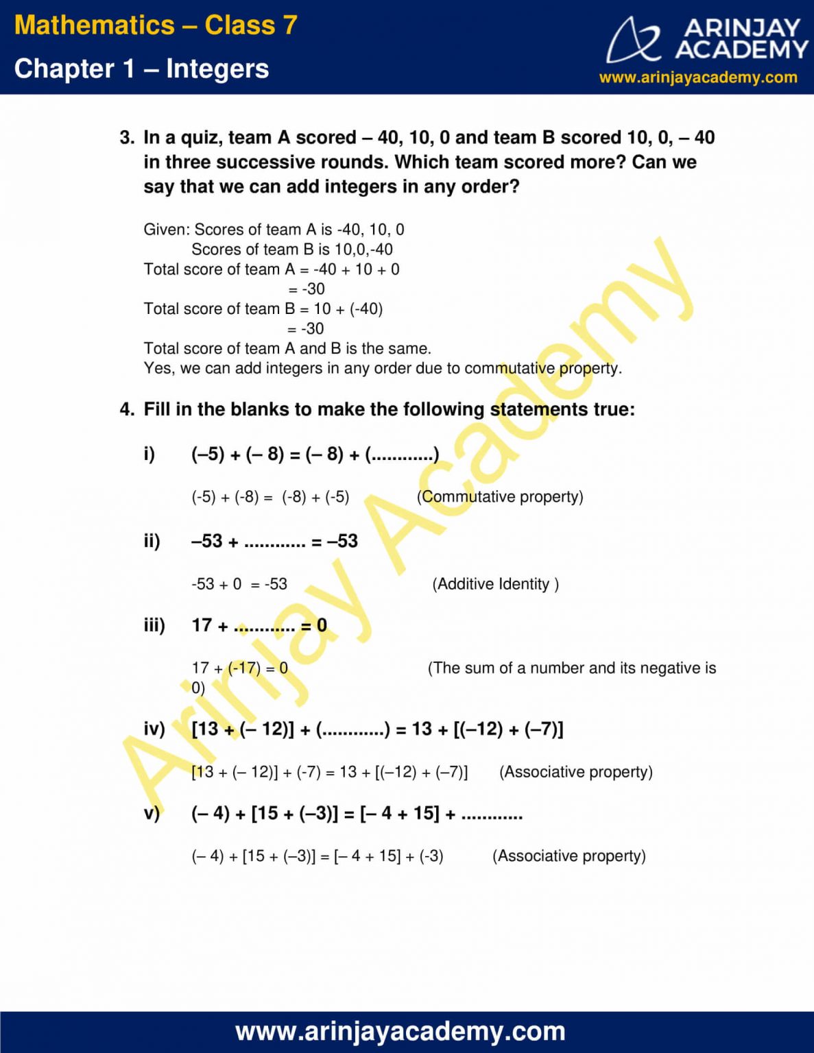 NCERT Solutions For Class 7 Maths Chapter 1 Integers - Arinjay Academy