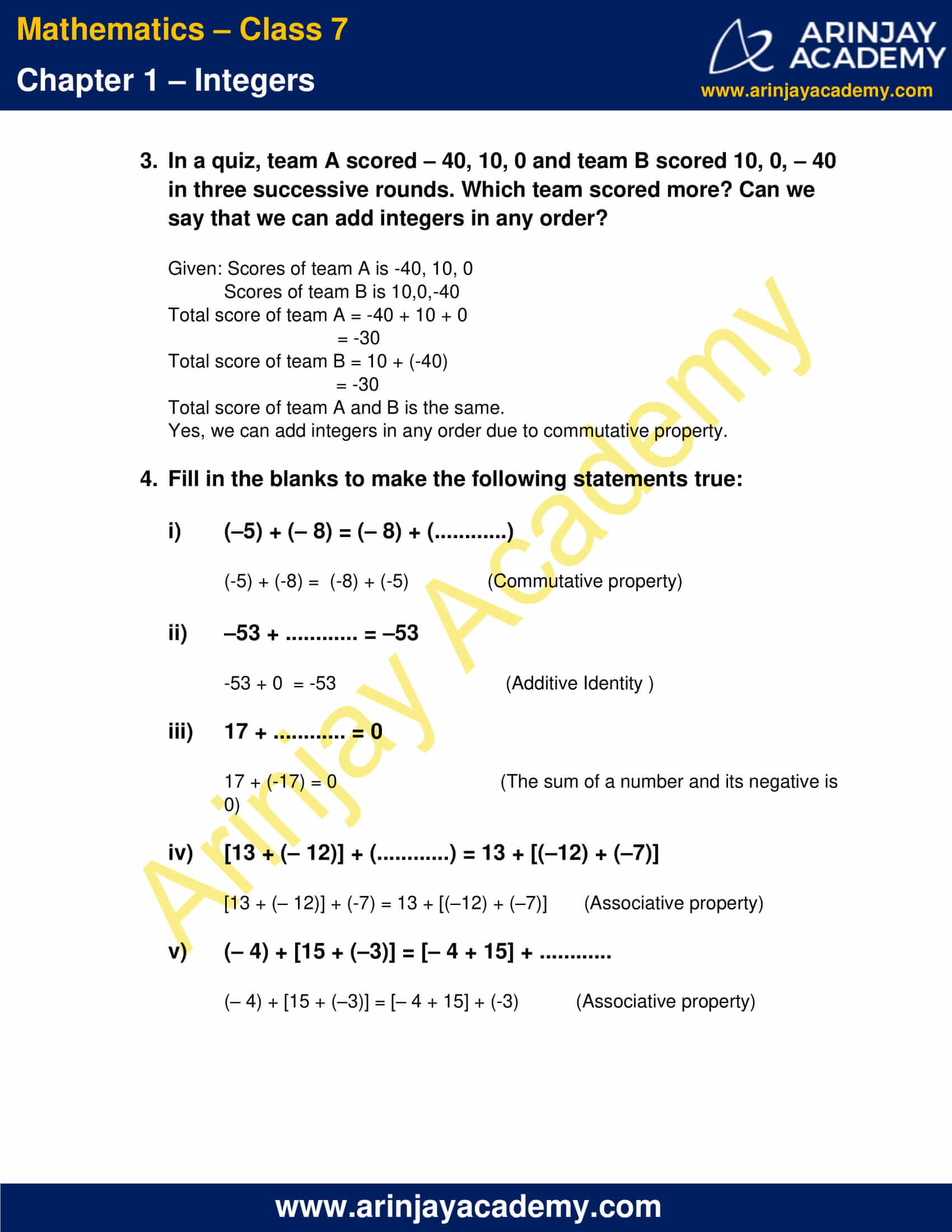 NCERT Solutions For Class 7 Maths Chapter 1 Integers Arinjay Academy