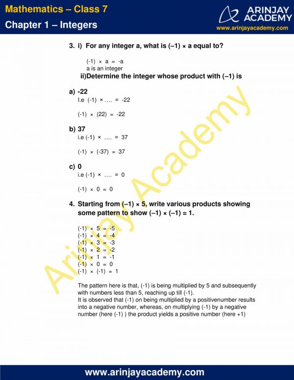 NCERT Solutions For Class 7 Maths Chapter 1 Integers - Arinjay Academy