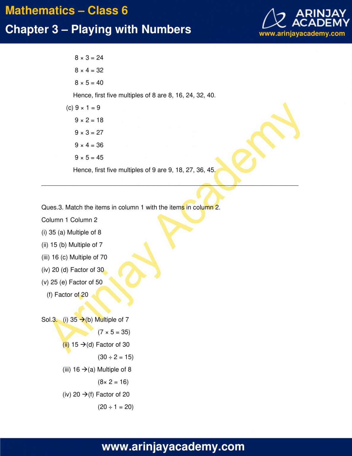 assignment for class 6 maths chapter 3