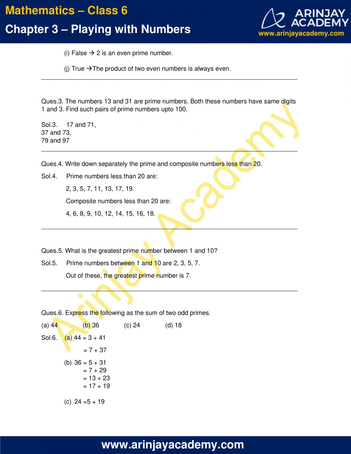 NCERT Solutions for Class 6 Maths Chapter 3 - Download PDF