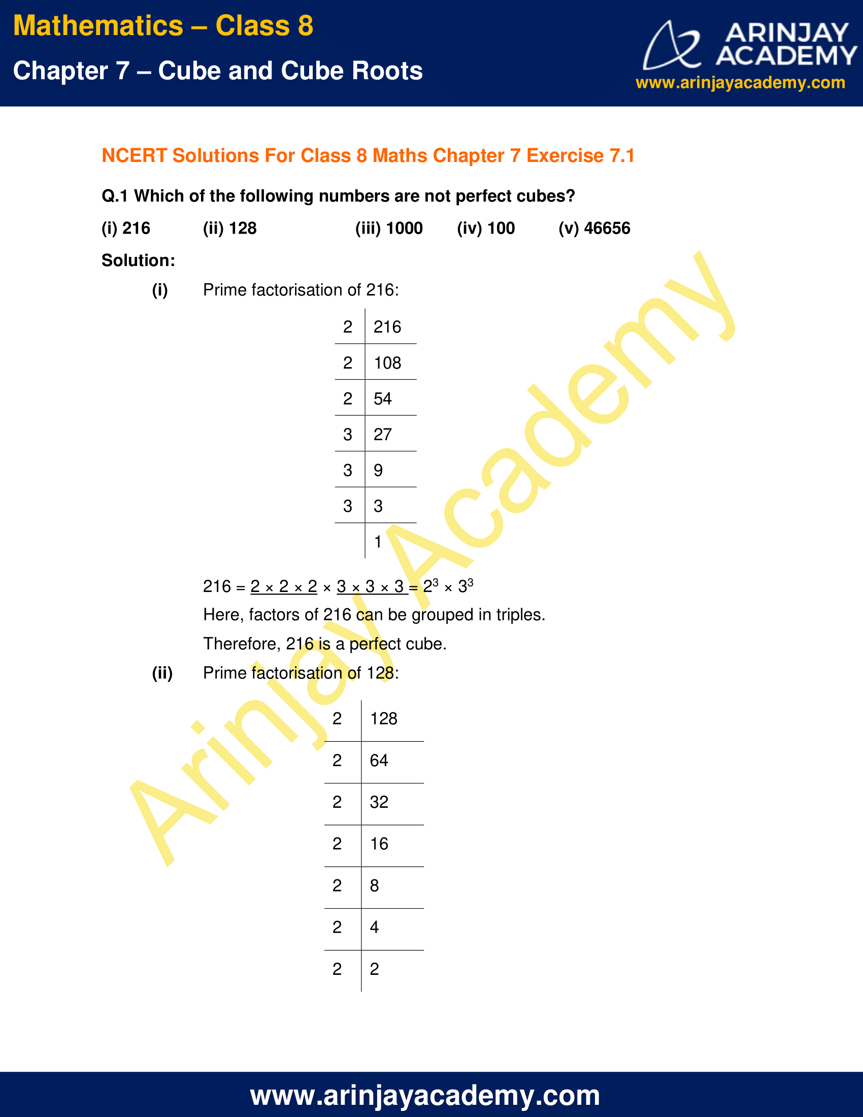 NCERT Solutions For Class 8 Maths Chapter 7 Exercise 7.1 - Cube And ...