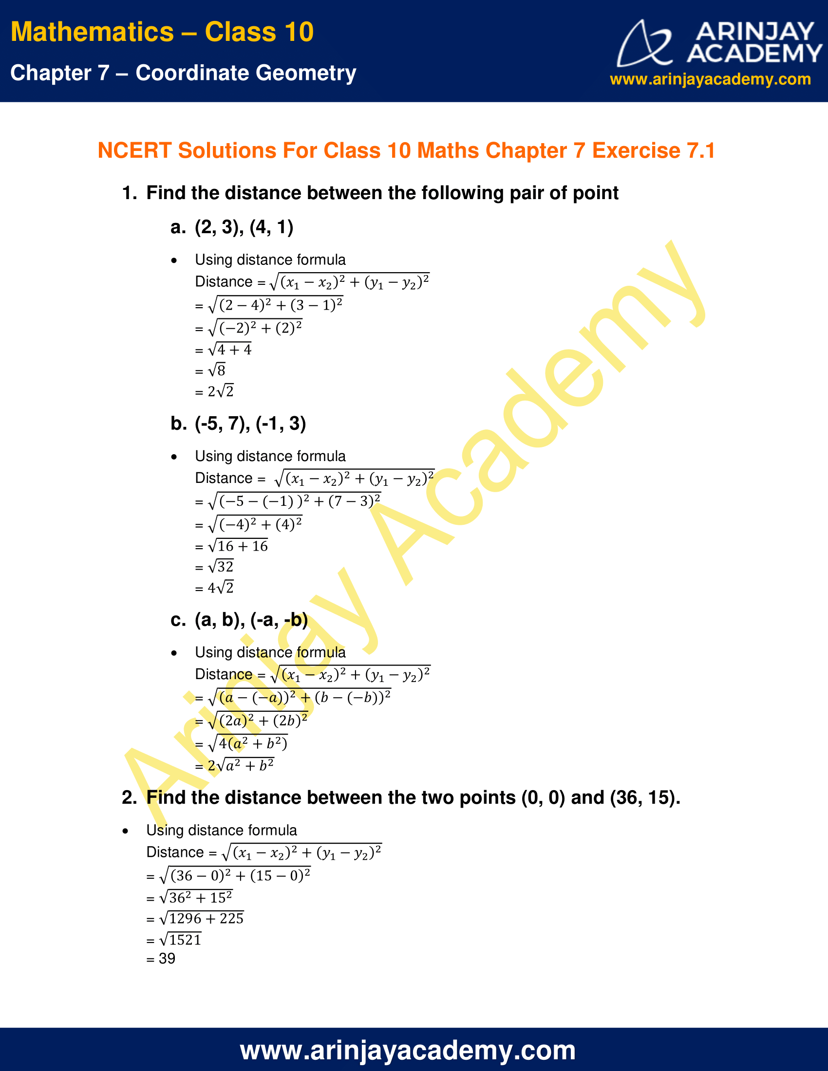 class 10 maths chapter 7 coordinate geometry exercise 7.1 solutions