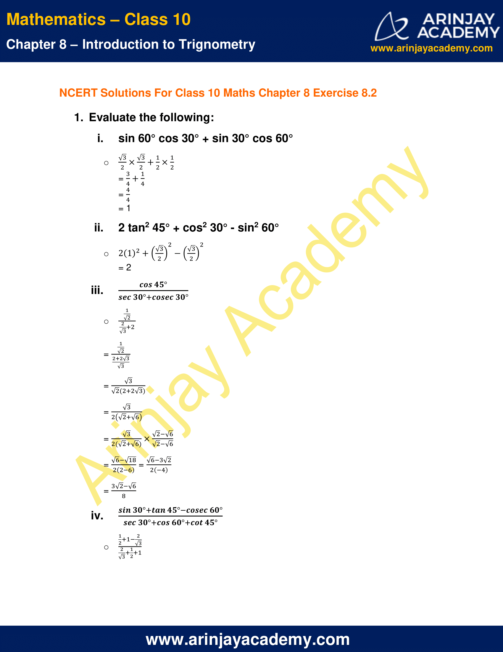 Ncert Solutions For Class 10 Maths Chapter 8 Exercise 82 Introduction To Trignometry 4406