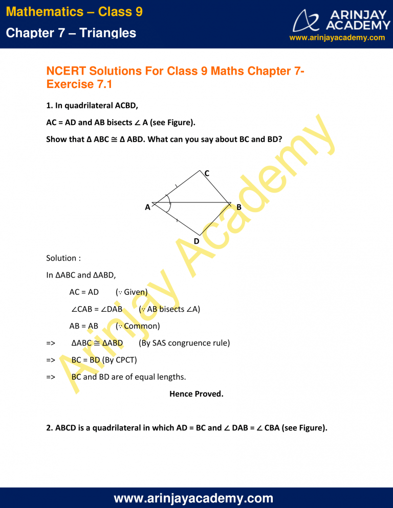 NCERT Solutions for Class 9 Maths Chapter 7 Exercise 7.1 - Triangles
