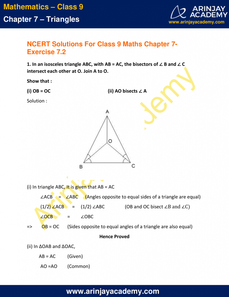 NCERT Solutions for Class 9 Maths Chapter 7 Exercise 7.2 - Triangles