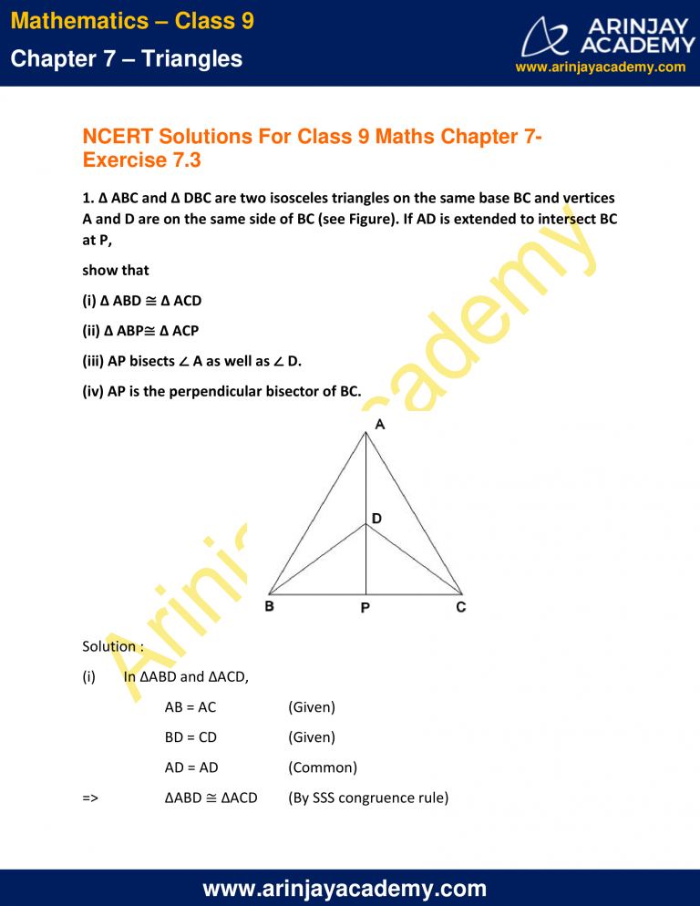 NCERT Solutions For Class 9 Maths Chapter 7 Exercise 7.3 - Triangles