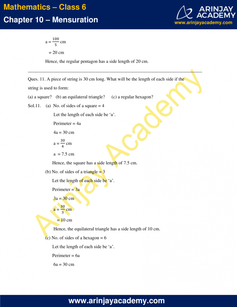 NCERT Solutions For Class 6 Maths Chapter 10 - Mensuration Excercises