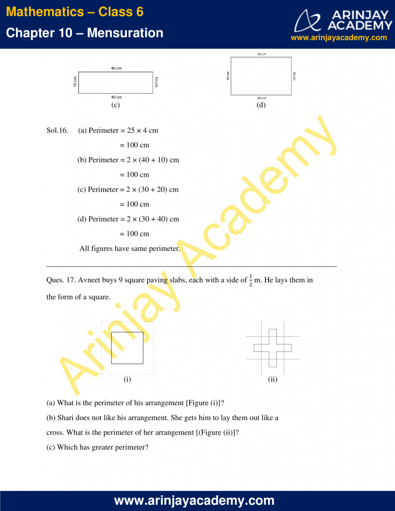 NCERT Solutions For Class 6 Maths Chapter 10 - Mensuration Excercises