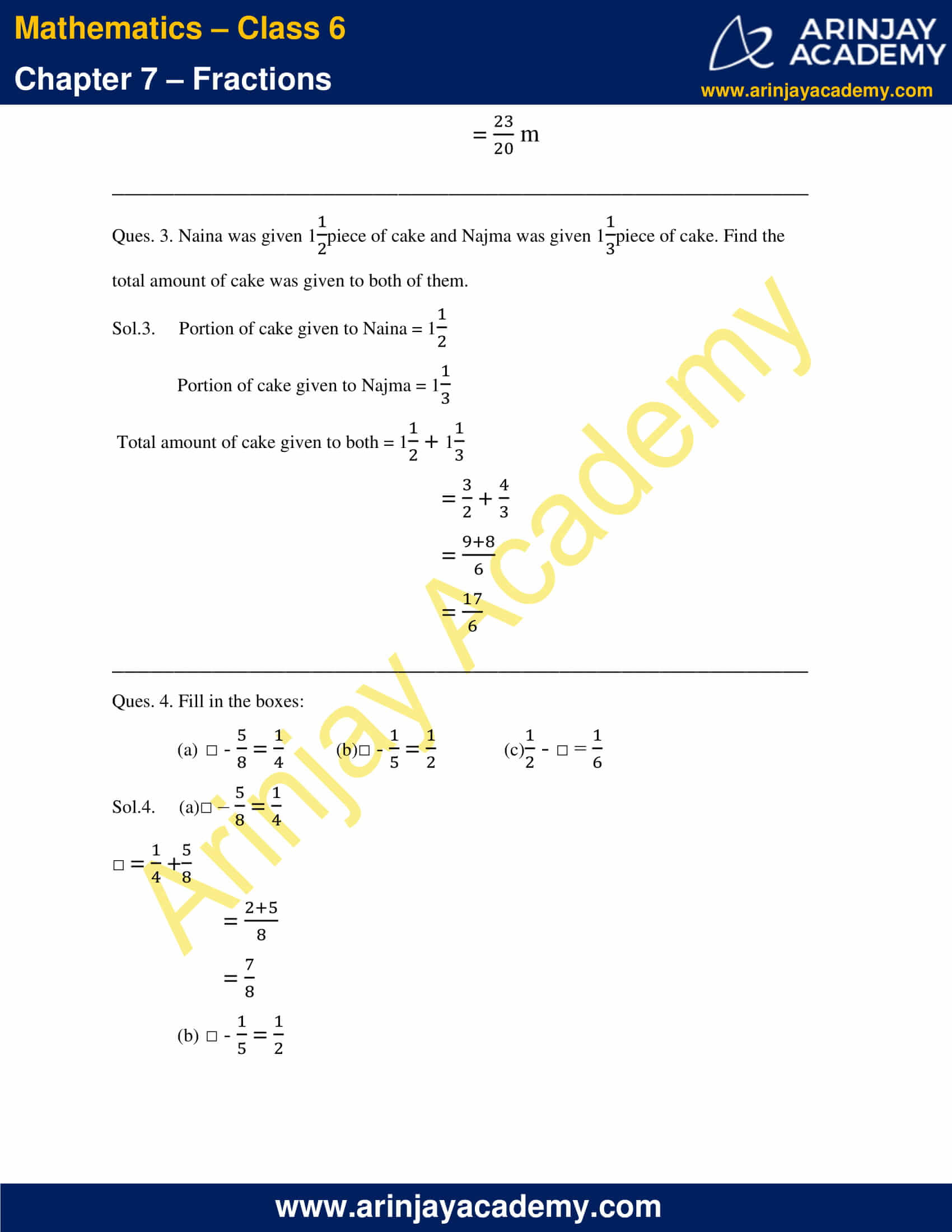 NCERT Solutions for Class 6 Maths Chapter 7 - Fractions