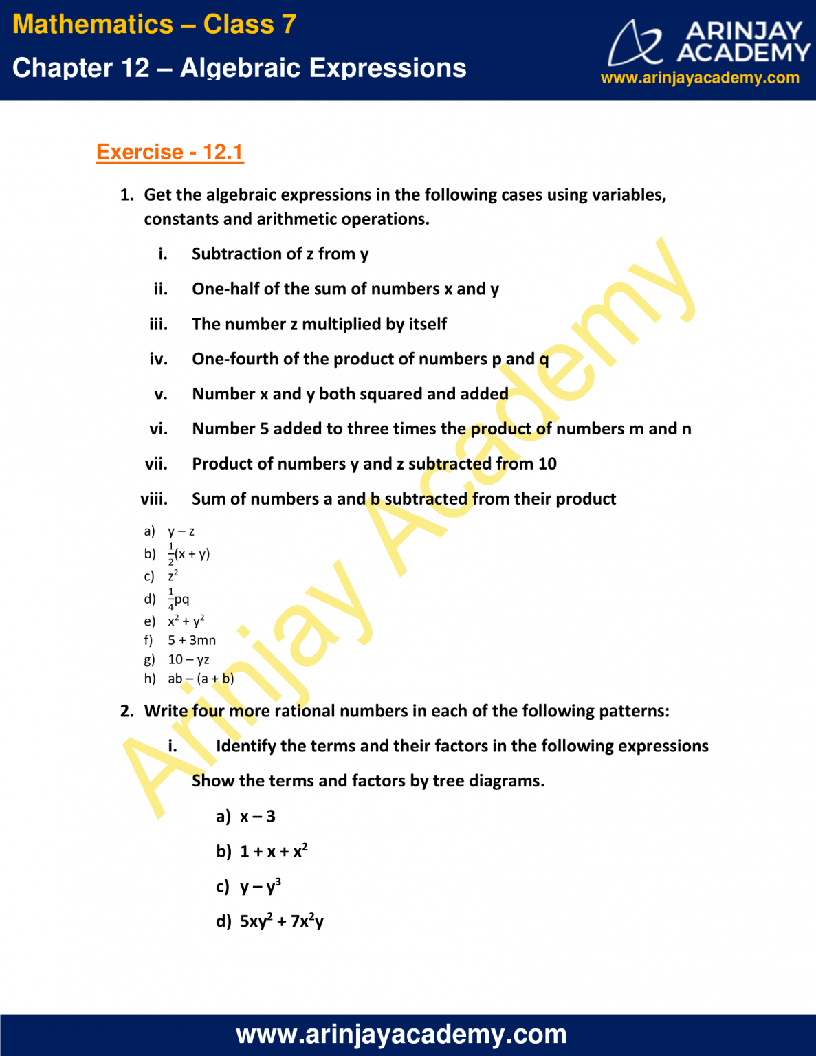 NCERT Solutions For Class 7 Maths Chapter 12 - Algebraic Expressions