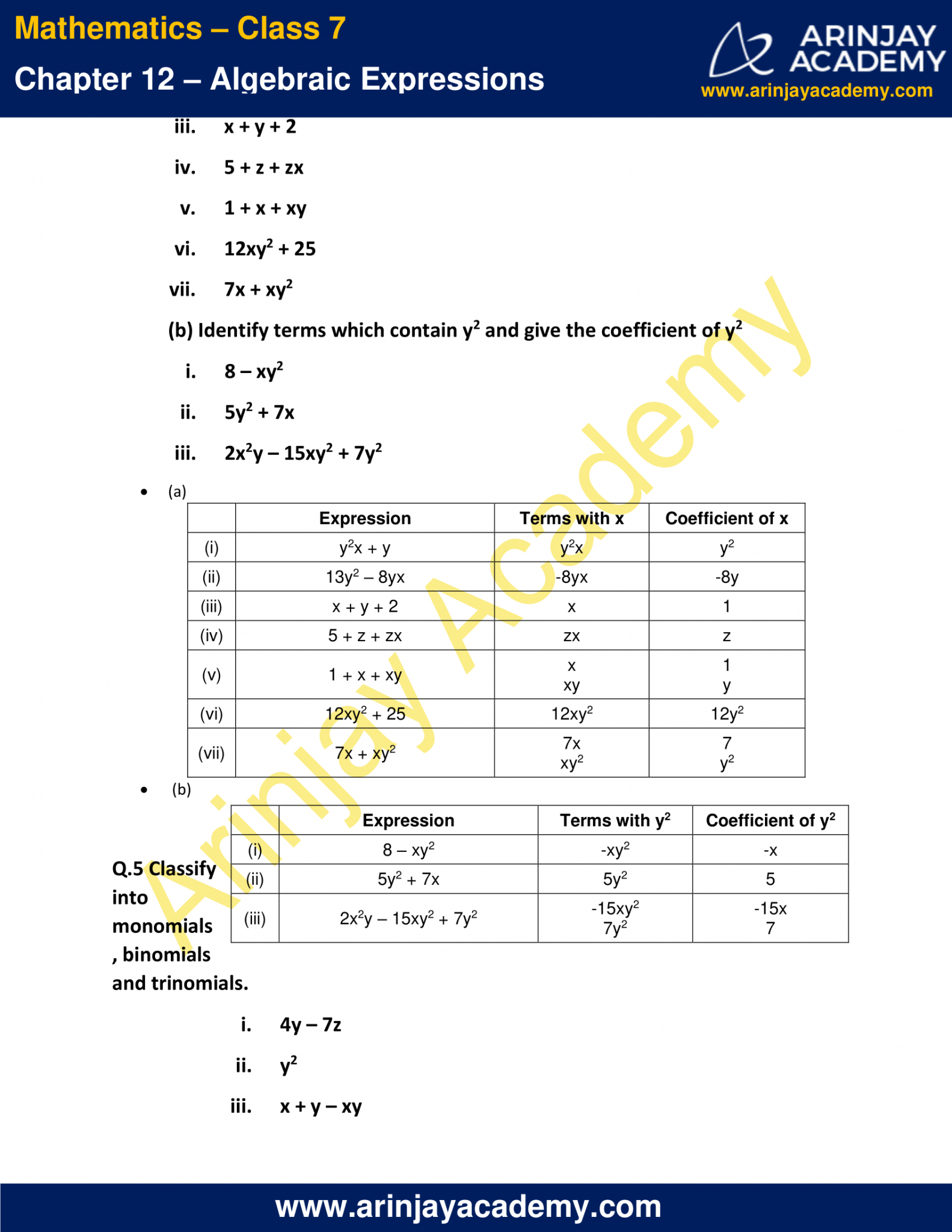 NCERT Solutions For Class 7 Maths Chapter 12 - Algebraic Expressions