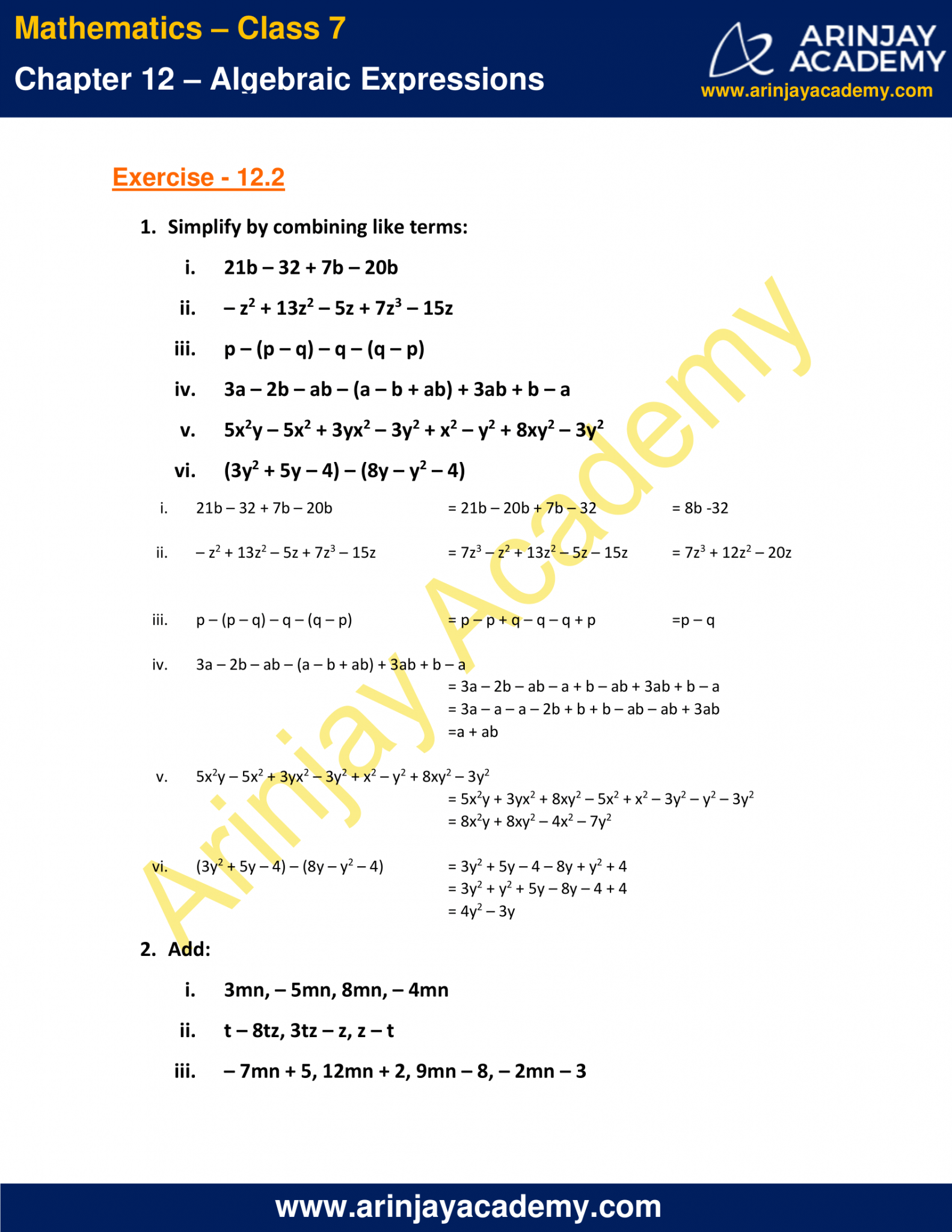 NCERT Solutions For Class 7 Maths Chapter 12 - Algebraic Expressions