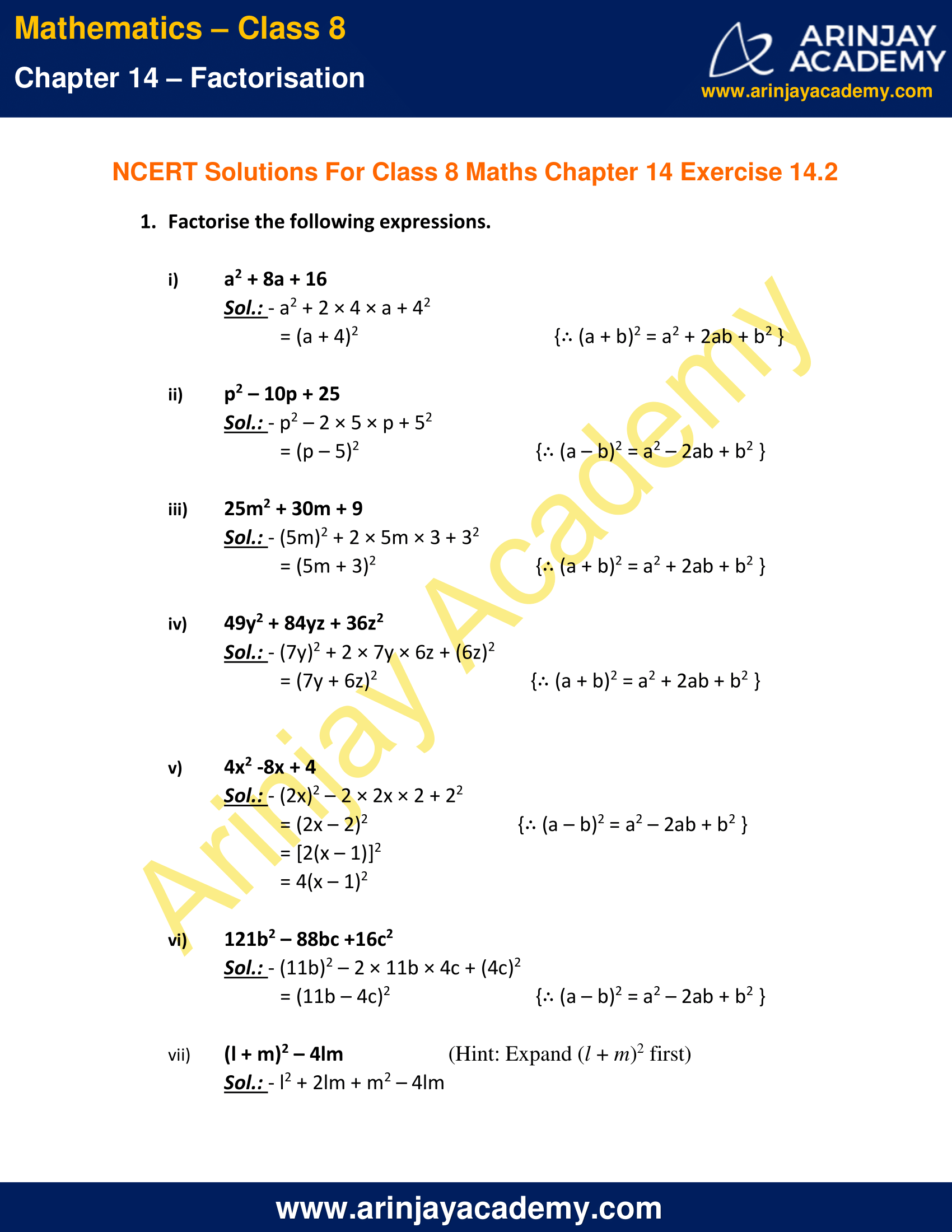 NCERT Solutions For Class 8 Maths Chapter 14 Exercise 14 2 Factorisation