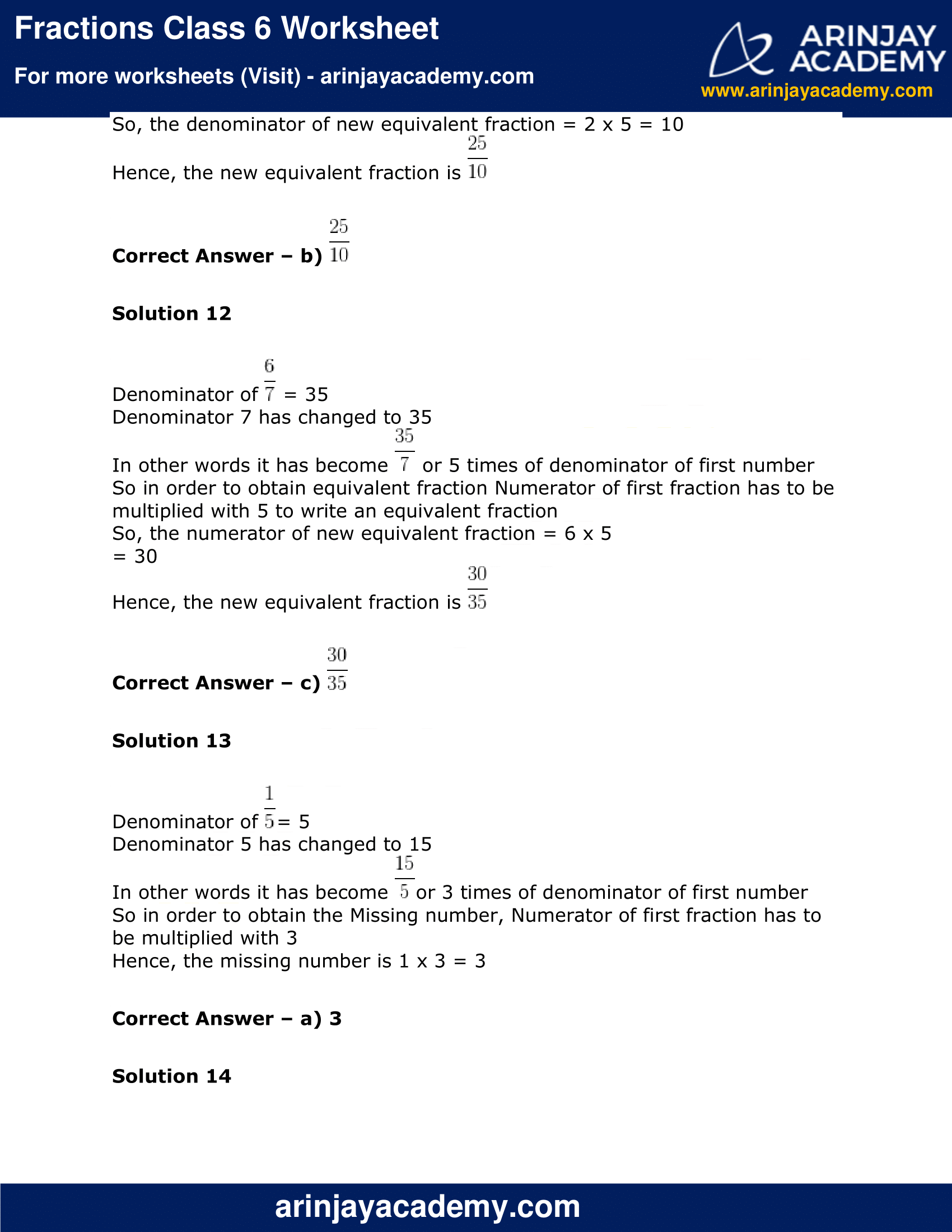 Fractions class 6 worksheet maths arinjay academy