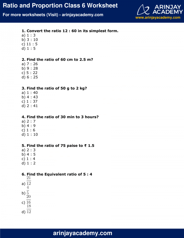 Ratio And Proportion Class 6 Worksheet - Arinjay Academy