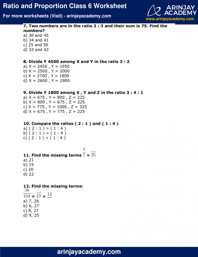 Ratio And Proportion Class 6 Worksheet Arinjay Academy