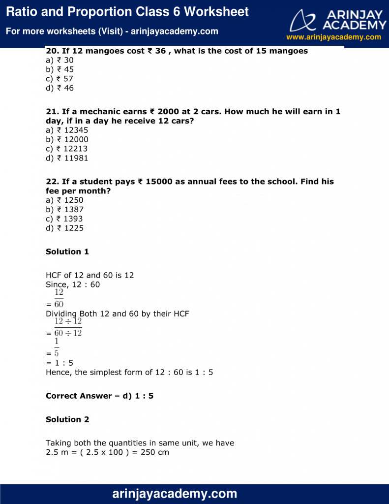 Ratio And Proportion Class 6 Worksheet - Arinjay Academy