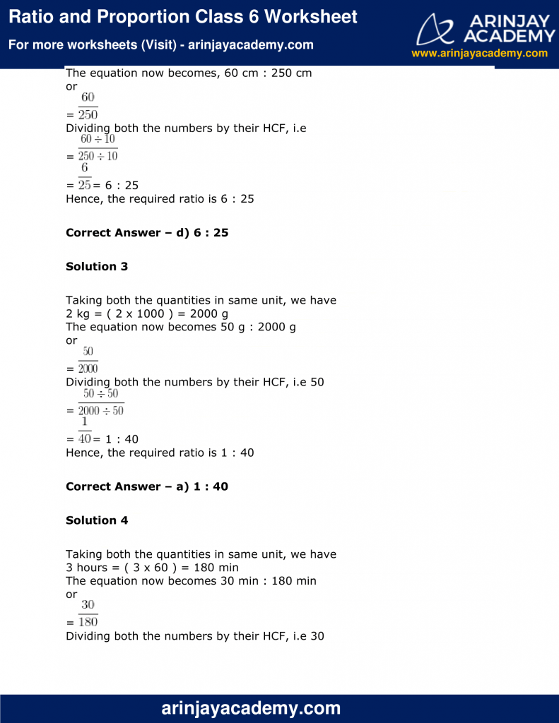 Ratio And Proportion Class 6 Worksheet - Arinjay Academy