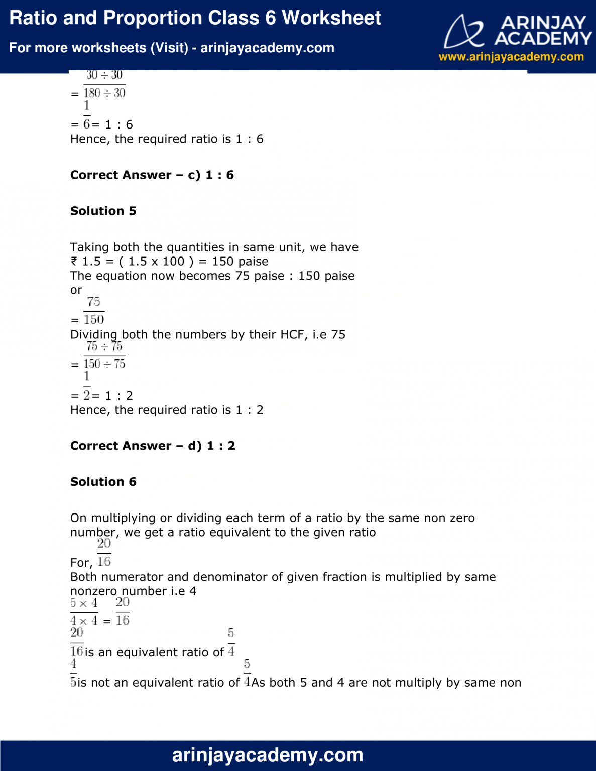 Ratio and Proportion Class 6 Worksheet - Arinjay Academy