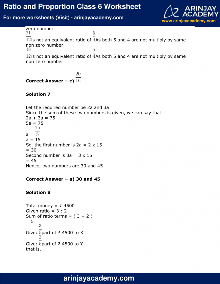 Ratio And Proportion Class 6 Worksheet - Arinjay Academy