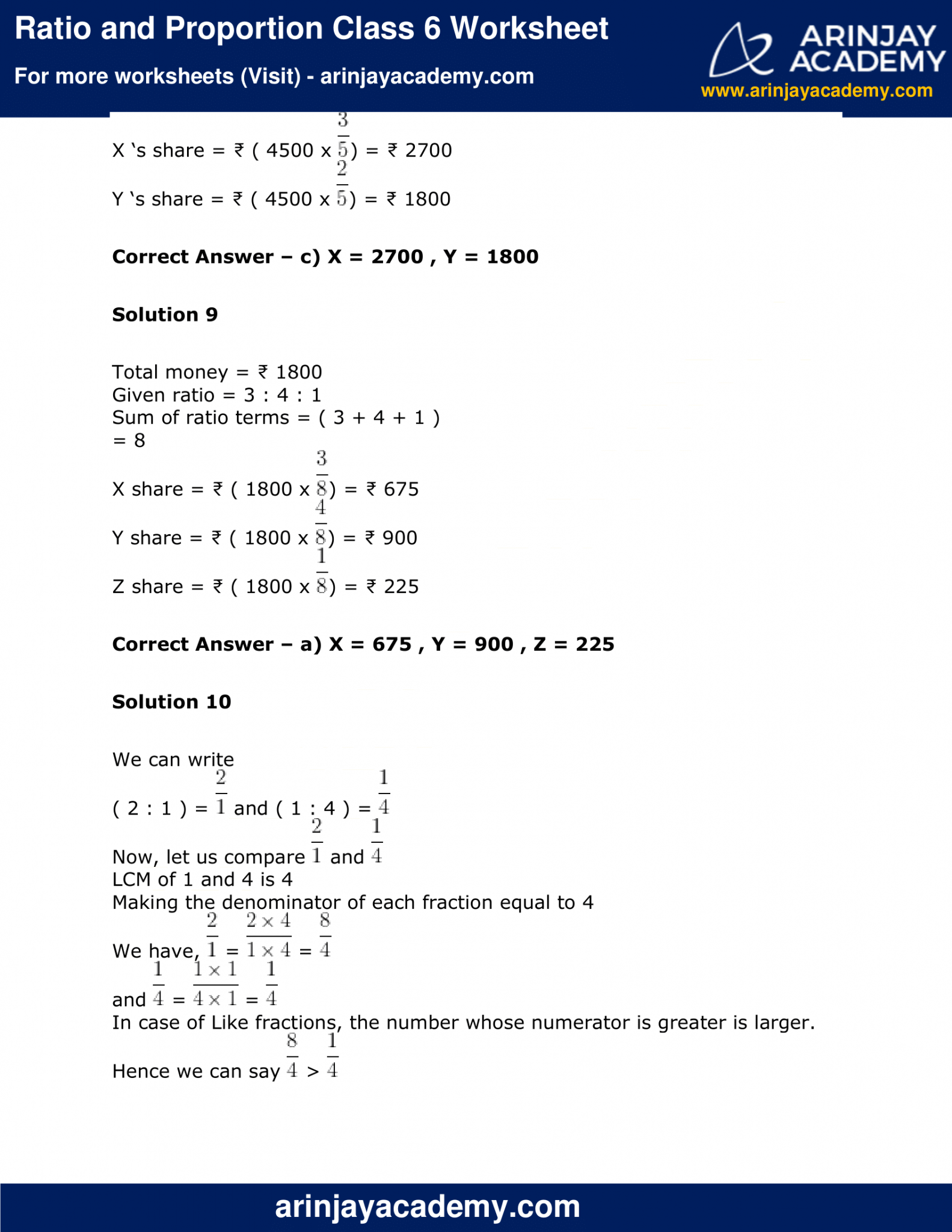 Ratio and Proportion Class 6 Worksheet - Arinjay Academy