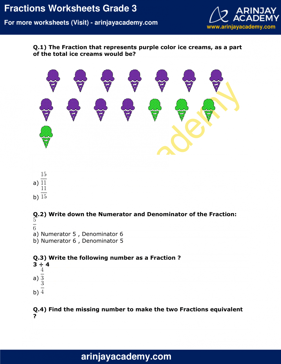 Fractions Worksheets Grade 3 Maths - Arinjay Academy