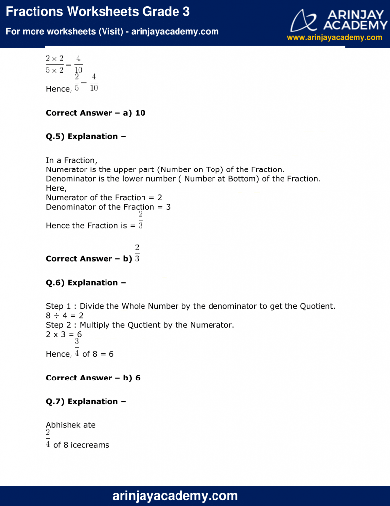 Fractions Worksheets Grade 3 Maths - Arinjay Academy
