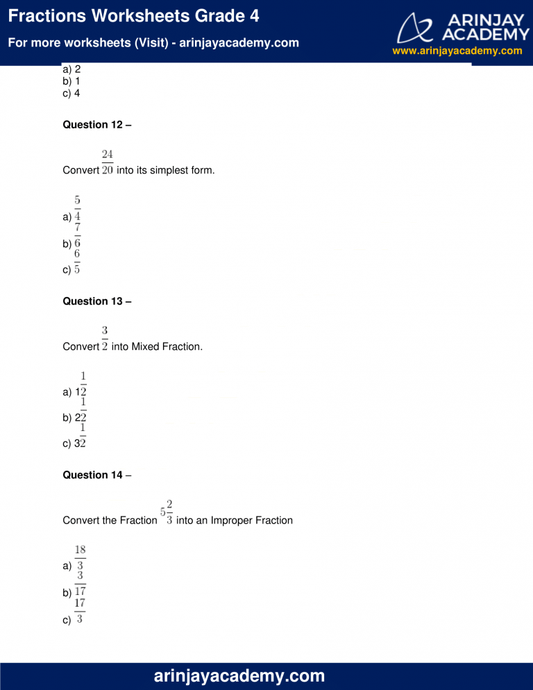 Fractions Worksheets Grade 4 - Free Printable - Arinjay Academy