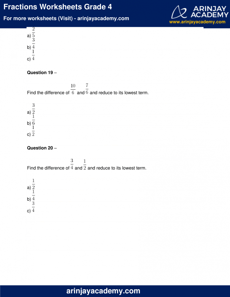 Fractions Worksheets Grade 4 - Free Printable - Arinjay Academy