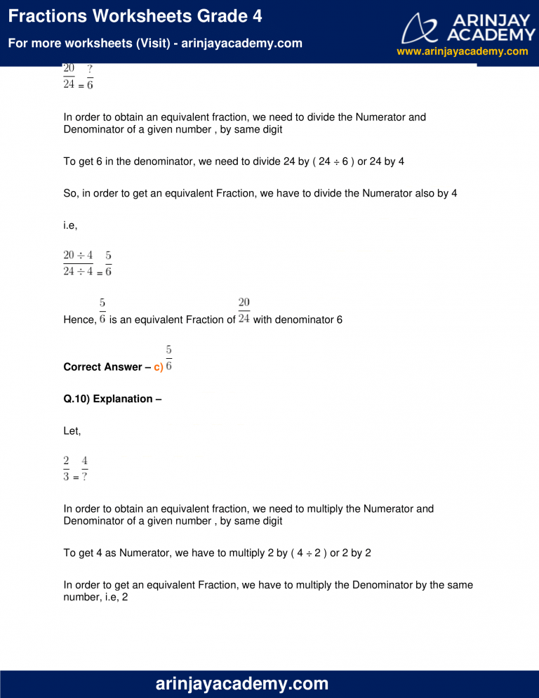 Fractions Worksheets Grade 4 - Free Printable - Arinjay Academy