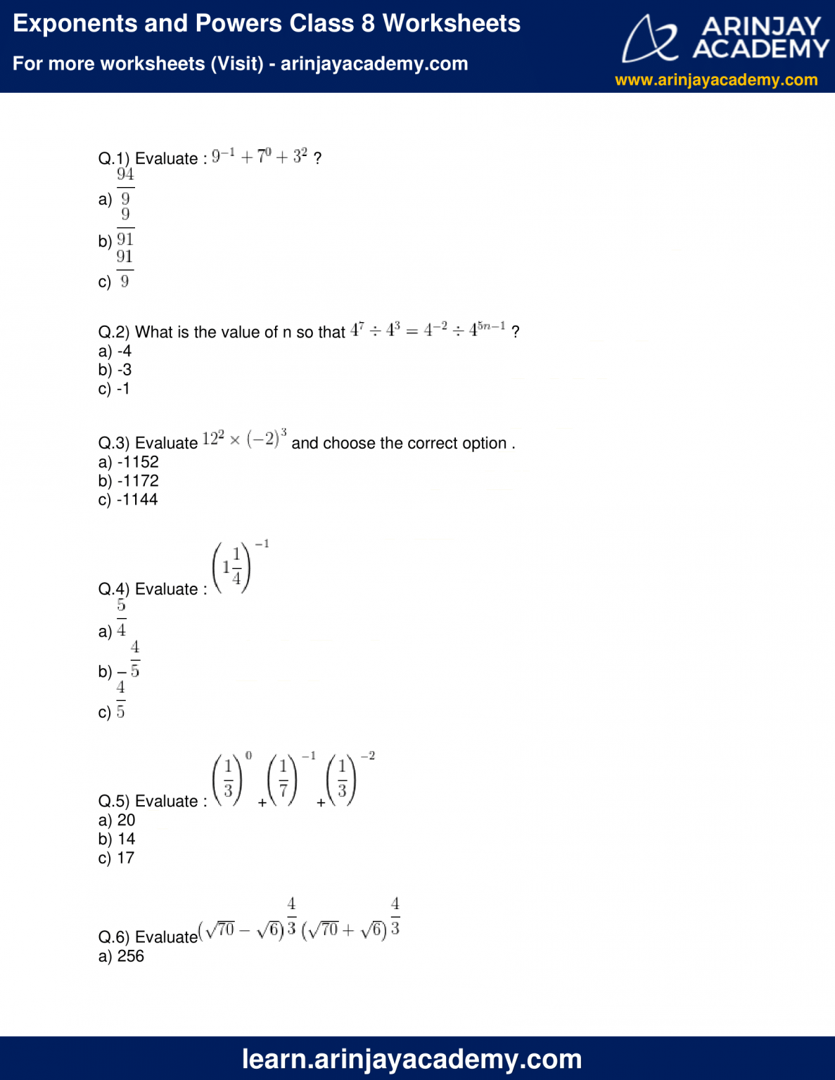 exponents and powers class 8 worksheets free and printable maths