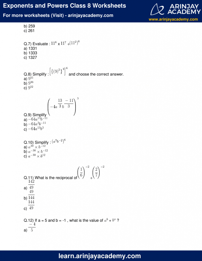 exponents and powers class 8 worksheets free and printable maths