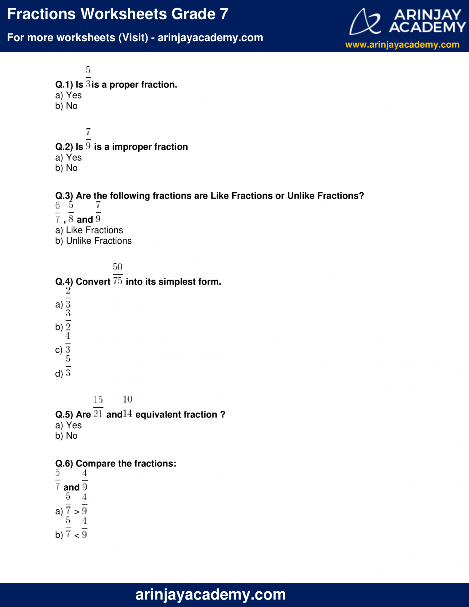 Fraction 7th Grade Worksheet