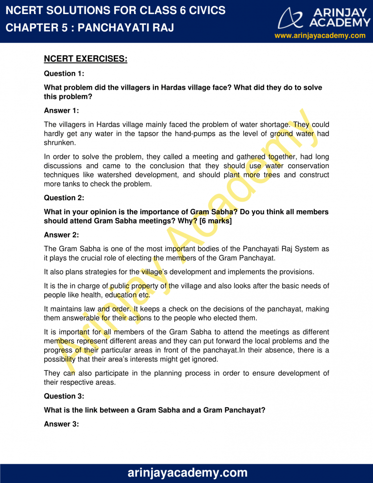 NCERT Solutions For Class 6 Civics Chapter 5 Panchayati Raj Arinjay Academy