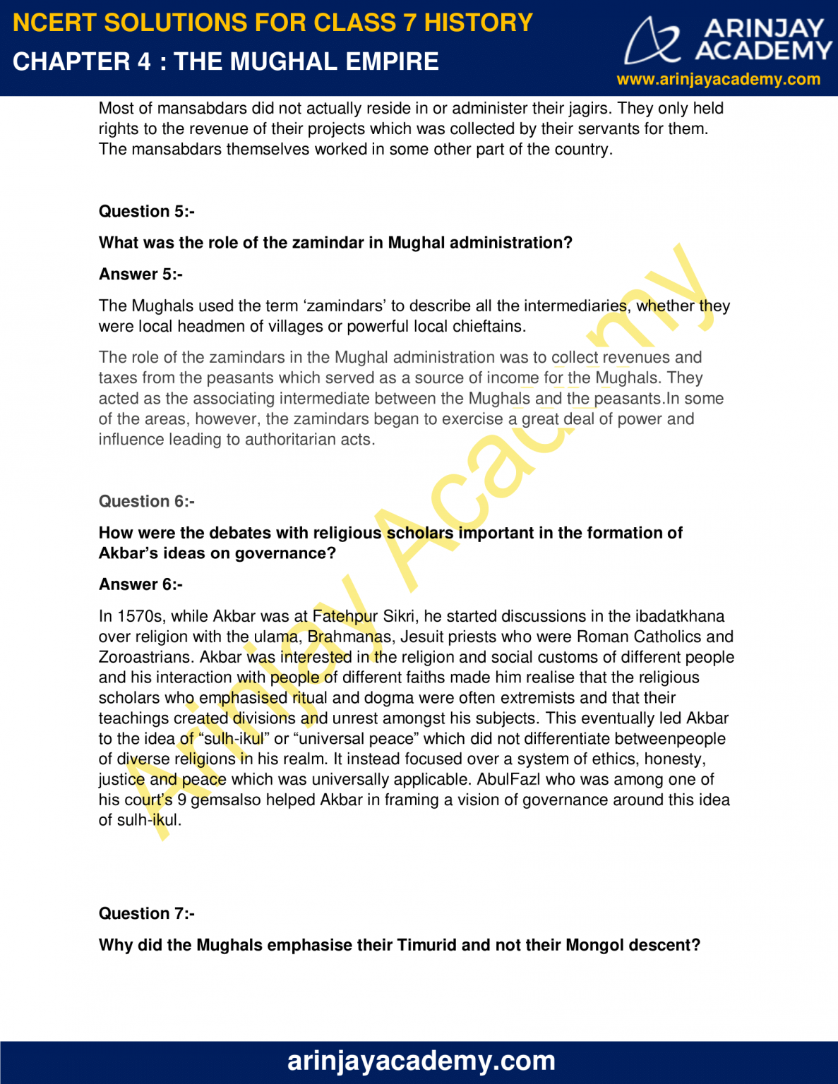 Ncert Solutions For Class 7 History Chapter 4 The Mughal Empire