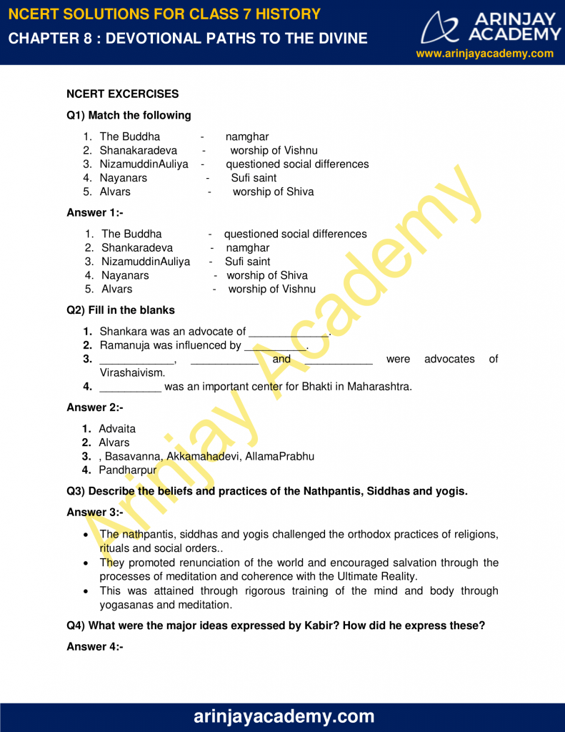 Ncert Solutions For Class 7 History Chapter 8 Devotional Paths To The Divine 7283