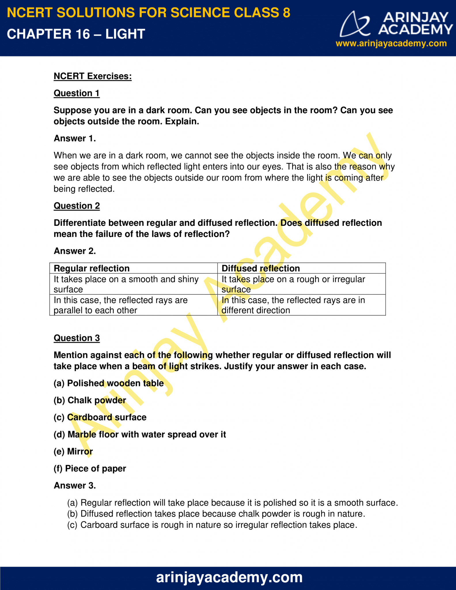 Ncert Solutions For Class 8 Science Chapter 16 Light Arinjay Academy 3132