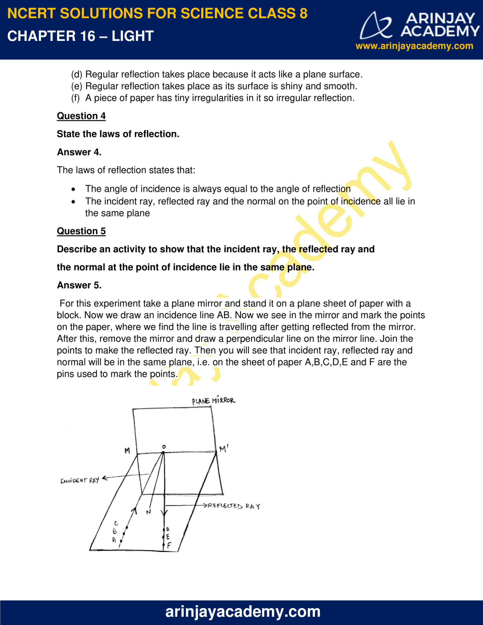 Ncert Solutions For Class 8 Science Chapter 16 Light Arinjay Academy 5680