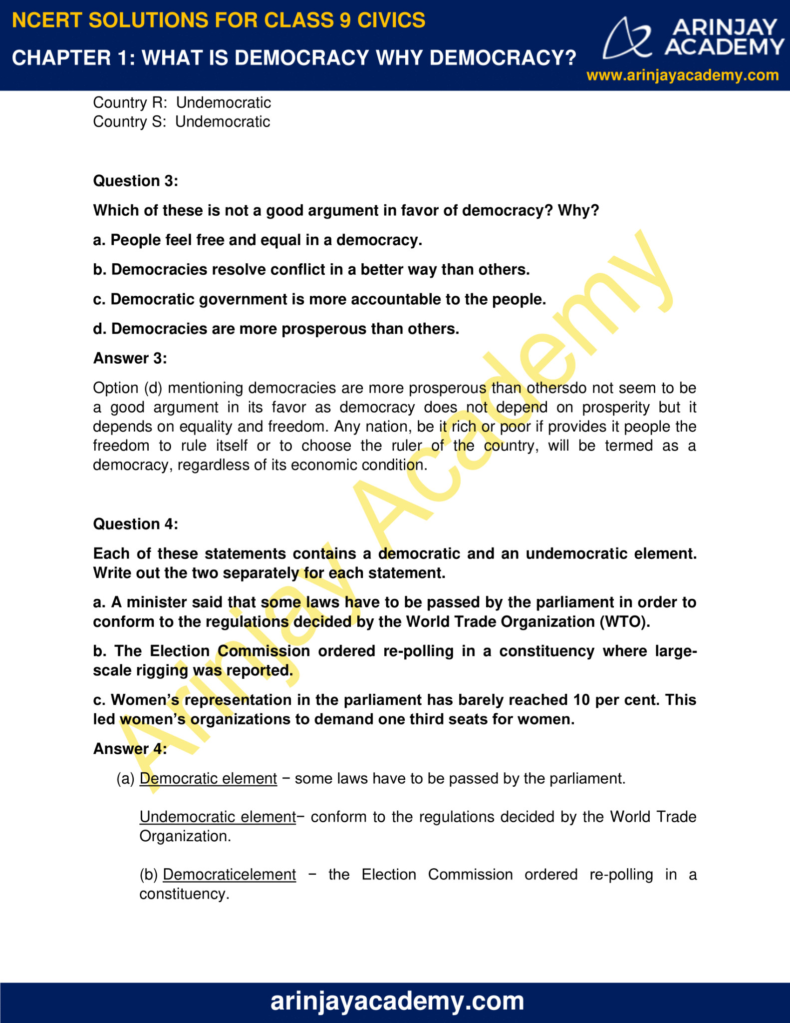 NCERT Solutions For Class 9 Civics Chapter 1 Arinjay Academy